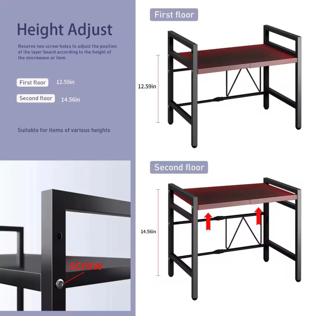 TidyLiving™ Expandable Microwave Shelf – Adjustable Kitchen Storage Rack with Hooks (Black)