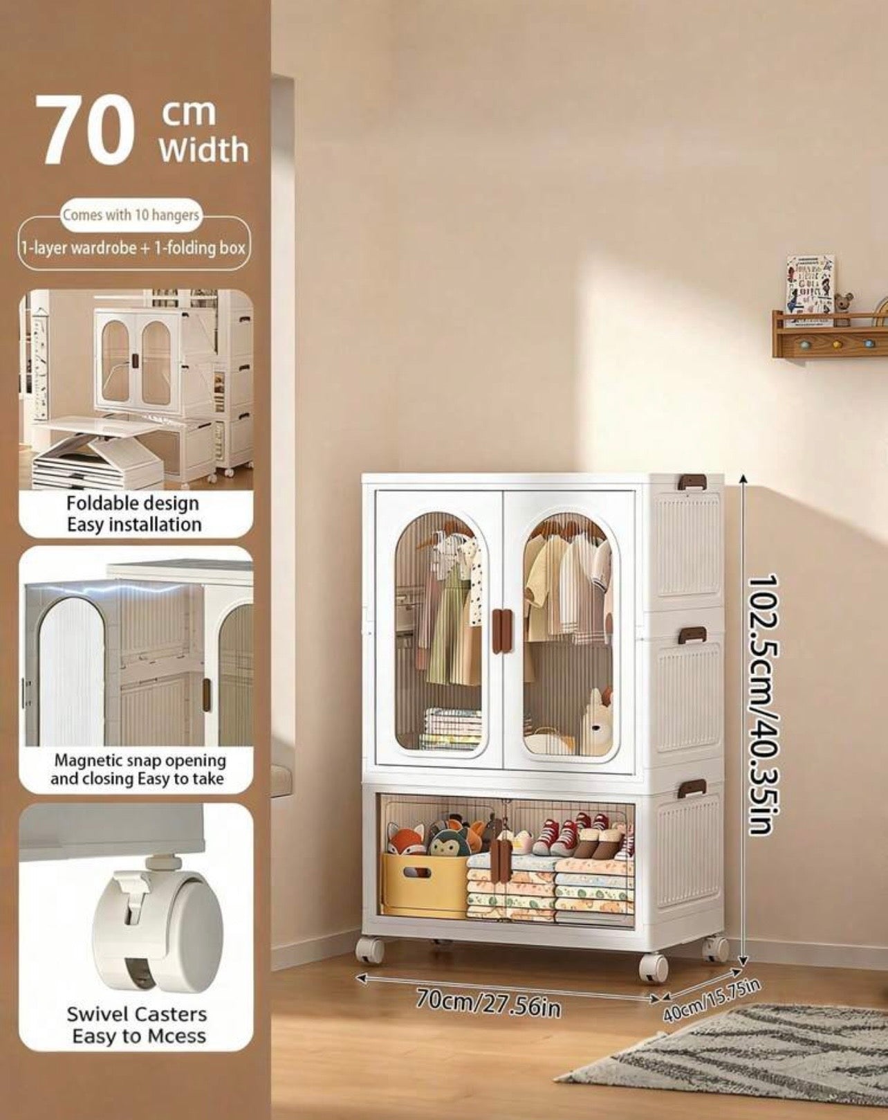 TidyLiving™ Foldable Wardrobe Storage Cabinet with Hanging Closet, Clear Doors & Wheels