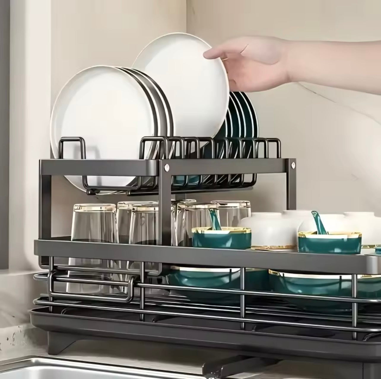 TidyLiving™ 2-Tier Dish Drying Rack – Max Capacity Organizer with Drainboard & Utensil Holder