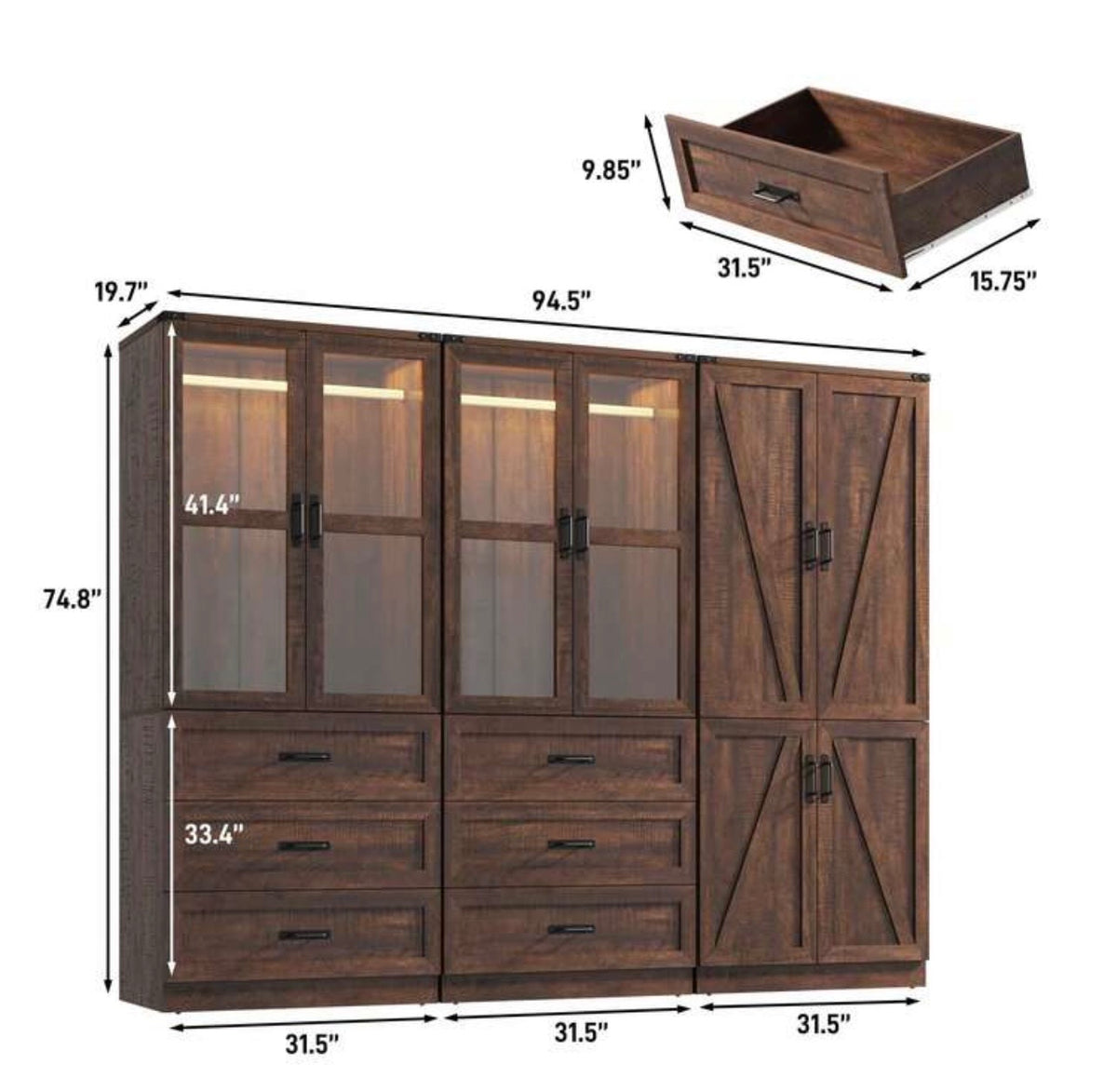 TidyLiving™ Modular Farmhouse Wardrobe with LED Lighting & Storage