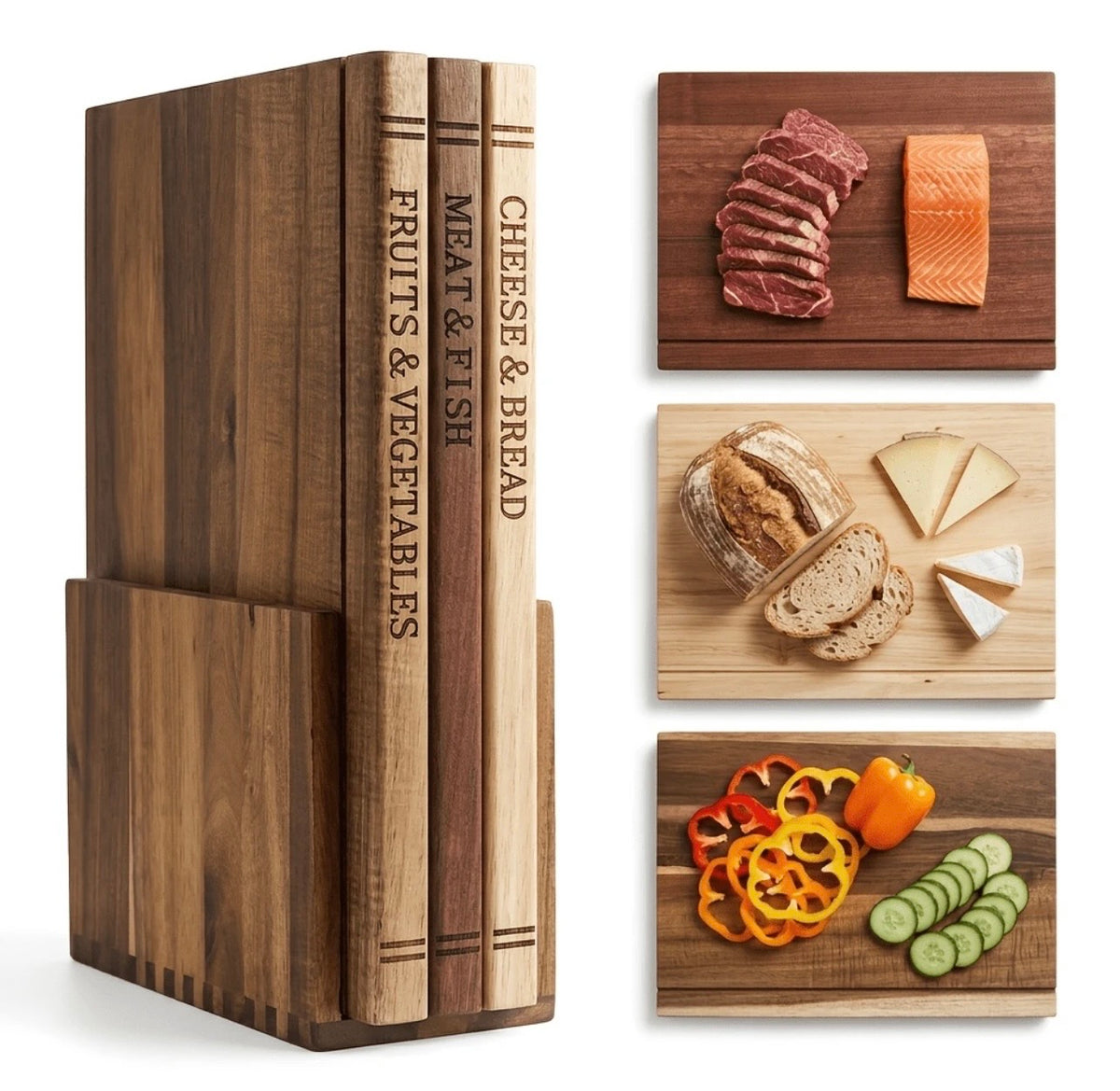 TidyLiving™ TrioPrep Cutting Board Set – 3-Piece Acacia Wood Boards with Storage Stand