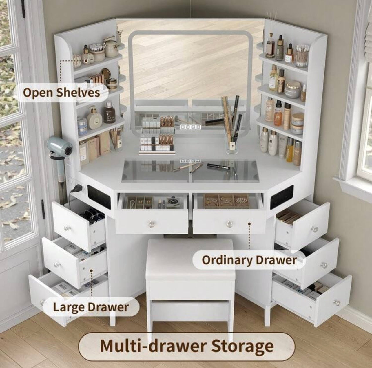 TidyLiving™ Luxe Corner Makeup Vanity with LED Mirror, 8 Drawers & Stool