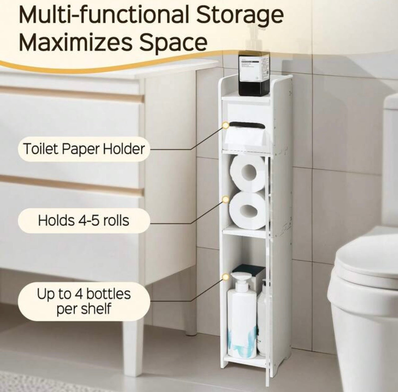 TidyLiving™ Slim Bathroom Storage Cabinet – Narrow Toilet Paper & Bathroom Organizer with Hidden Shelves
