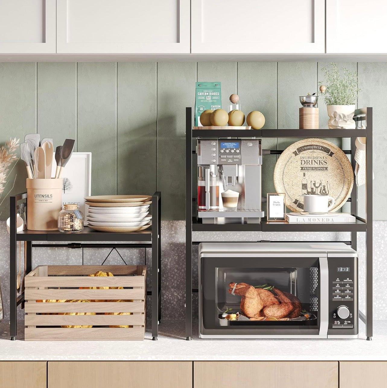 TidyLiving™ Expandable Microwave Shelf – Adjustable Kitchen Storage Rack with Hooks (Black)