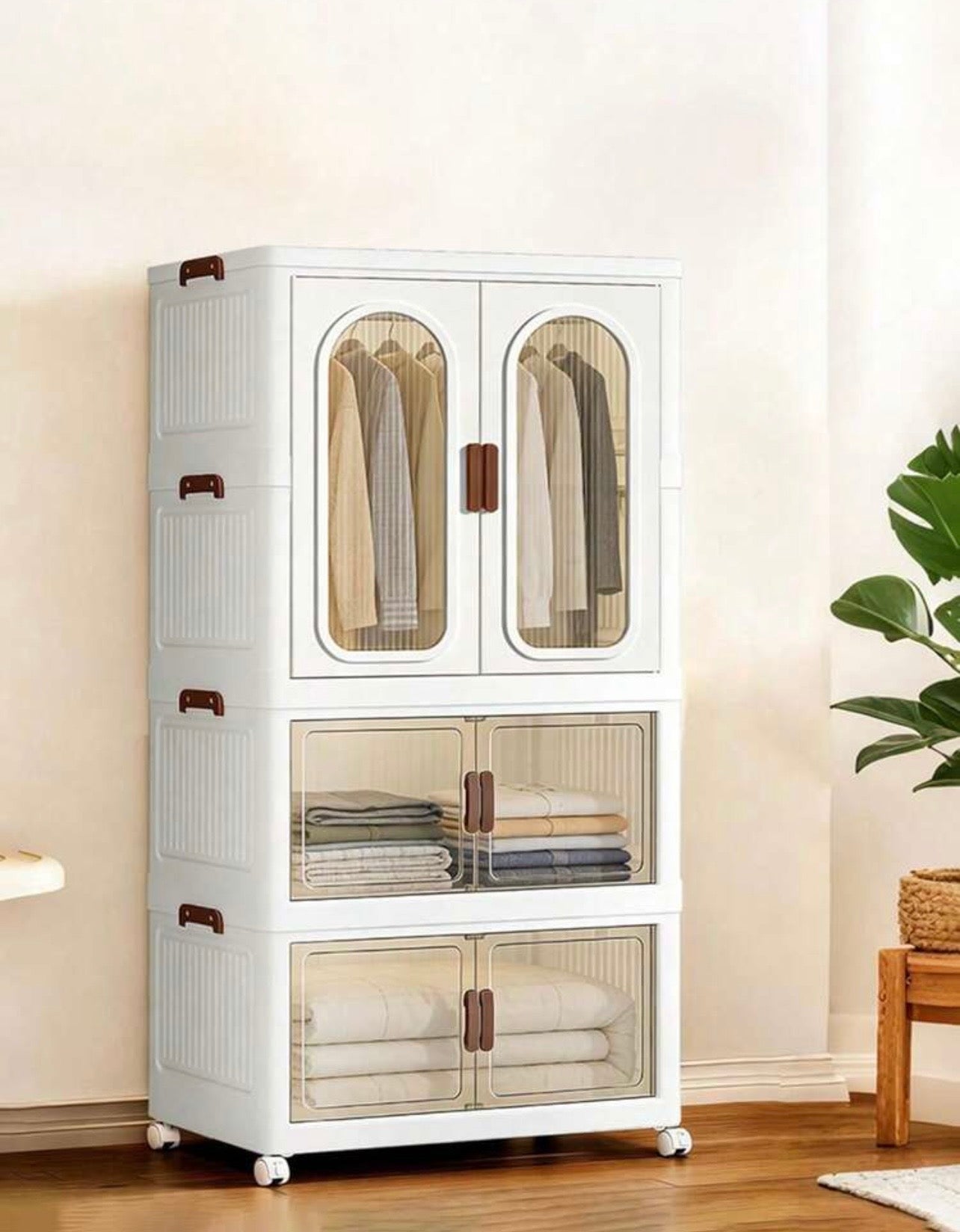 TidyLiving™ Foldable Wardrobe Storage Cabinet with Hanging Closet, Clear Doors & Wheels