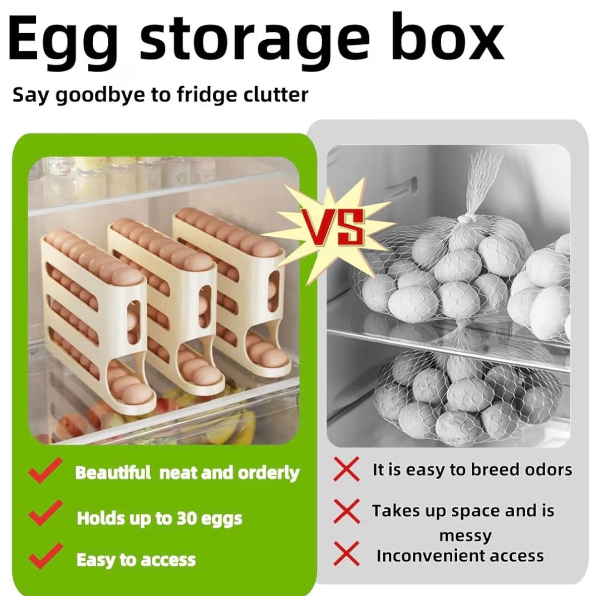 TidyLiving™ Auto Rolling Egg Organizer – Space-Saving Fridge Egg Holder (Holds 30 Eggs)