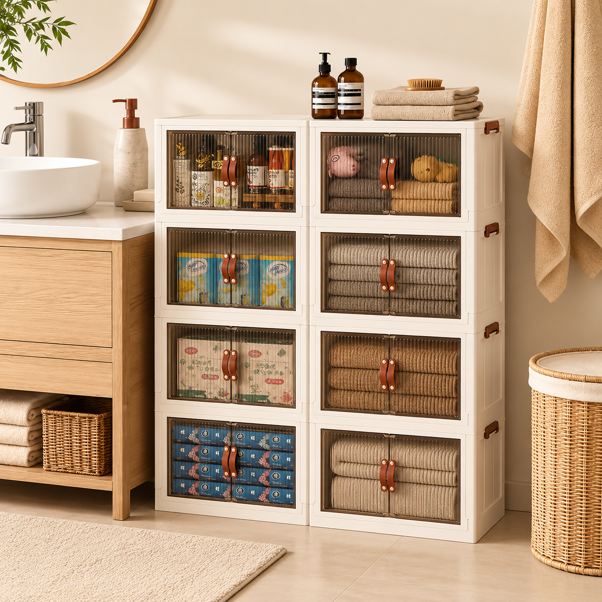 TidyLiving™ Foldable Stackable Storage Cabinet with Doors & Wheels