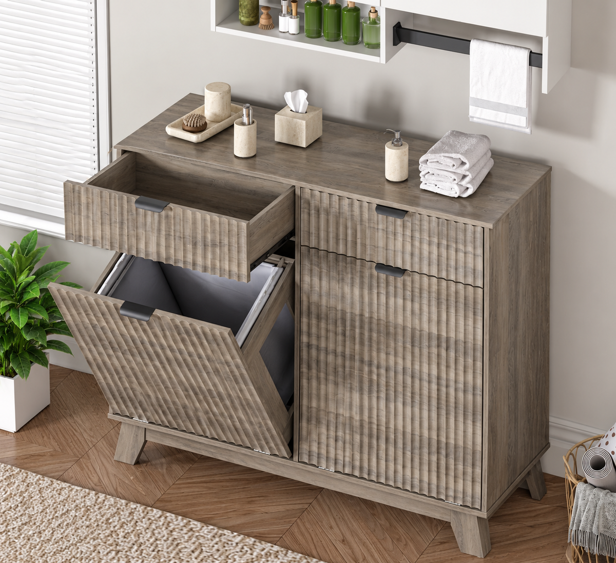 TidyLiving™ Double Tilt-Out Trash Can Cabinet with Concealed Storage