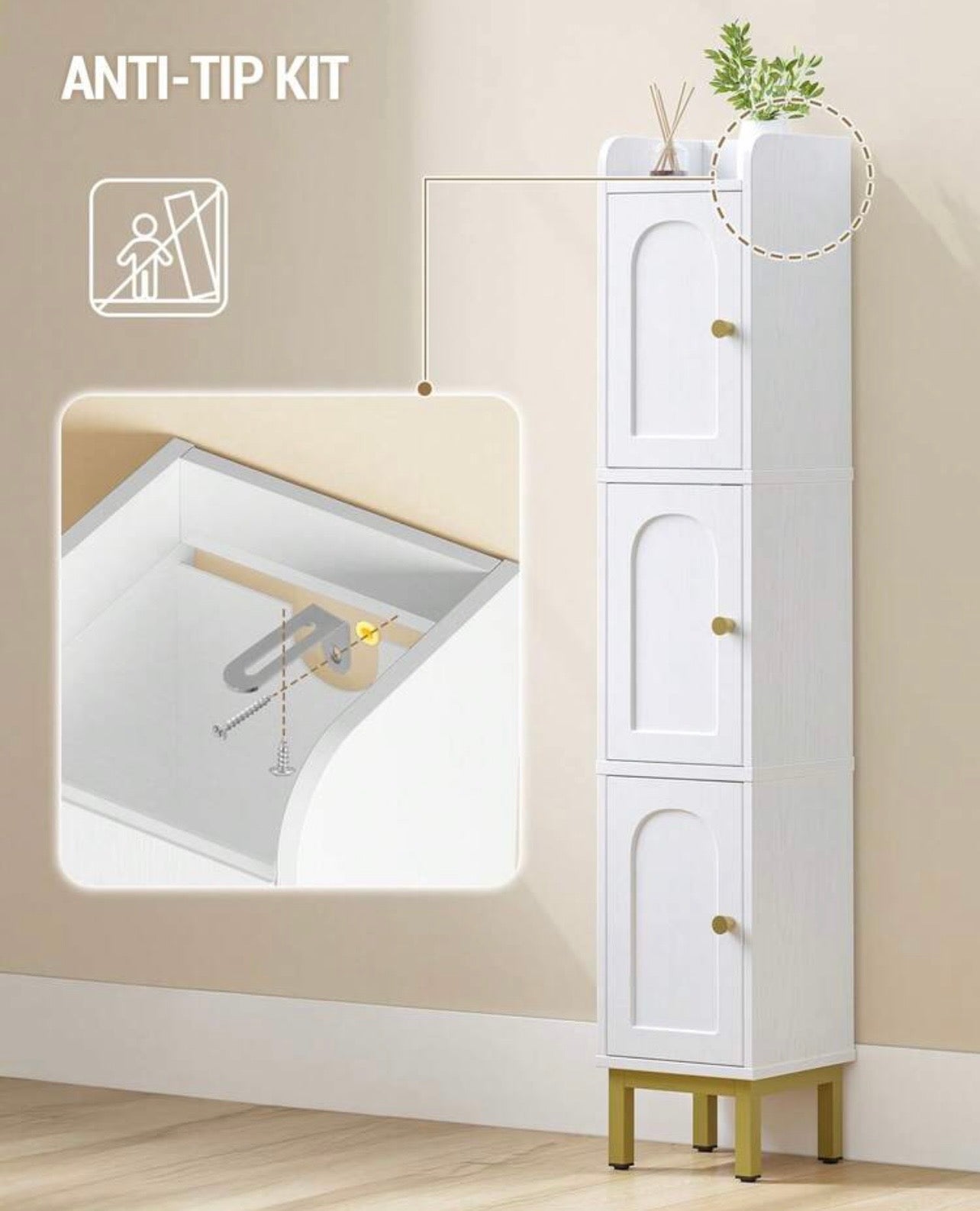 TidyLiving™ Slim Bathroom Storage Cabinet – 3-Door Freestanding Narrow Linen & Toilet Organizer