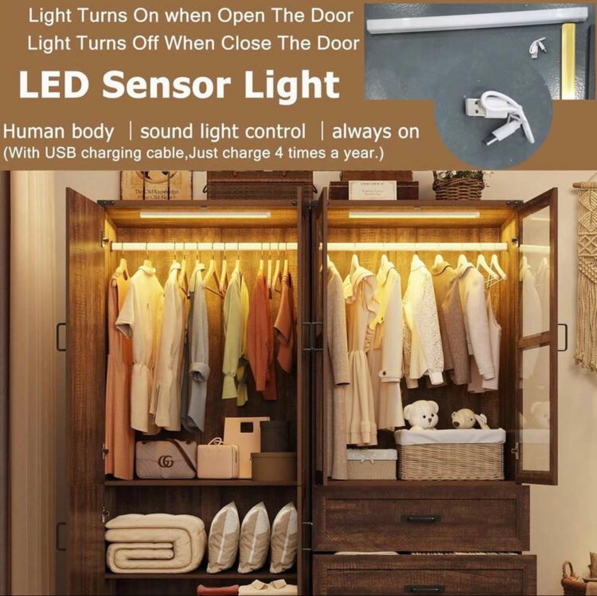 TidyLiving™ Modular Farmhouse Wardrobe with LED Lighting & Storage