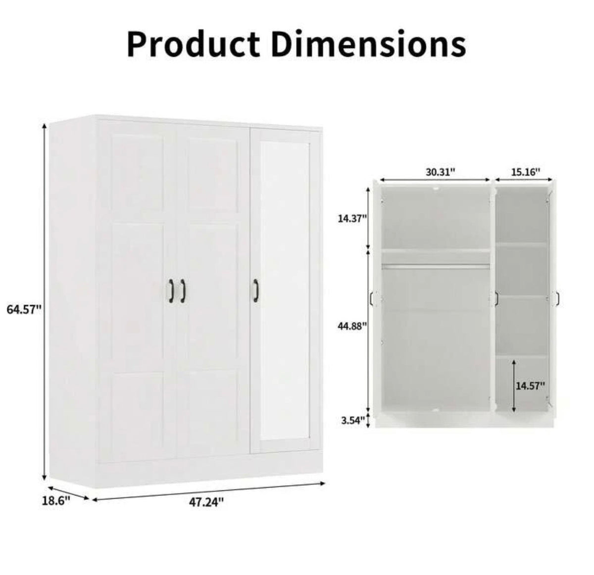 TidyLiving™ 3-Door Wardrobe with Full-Length Mirror, Hanging Rod & Adjustable Storage