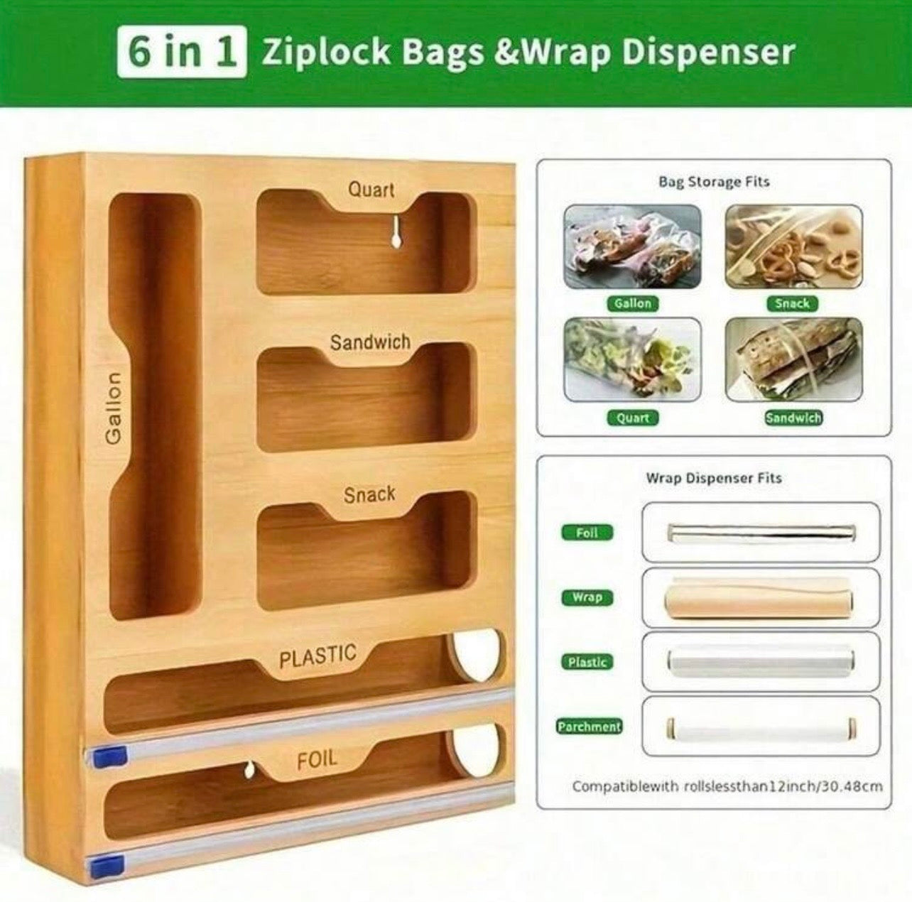 TidyLiving™ 6-in-1 Bamboo Bag Organizer & Wrap Dispenser