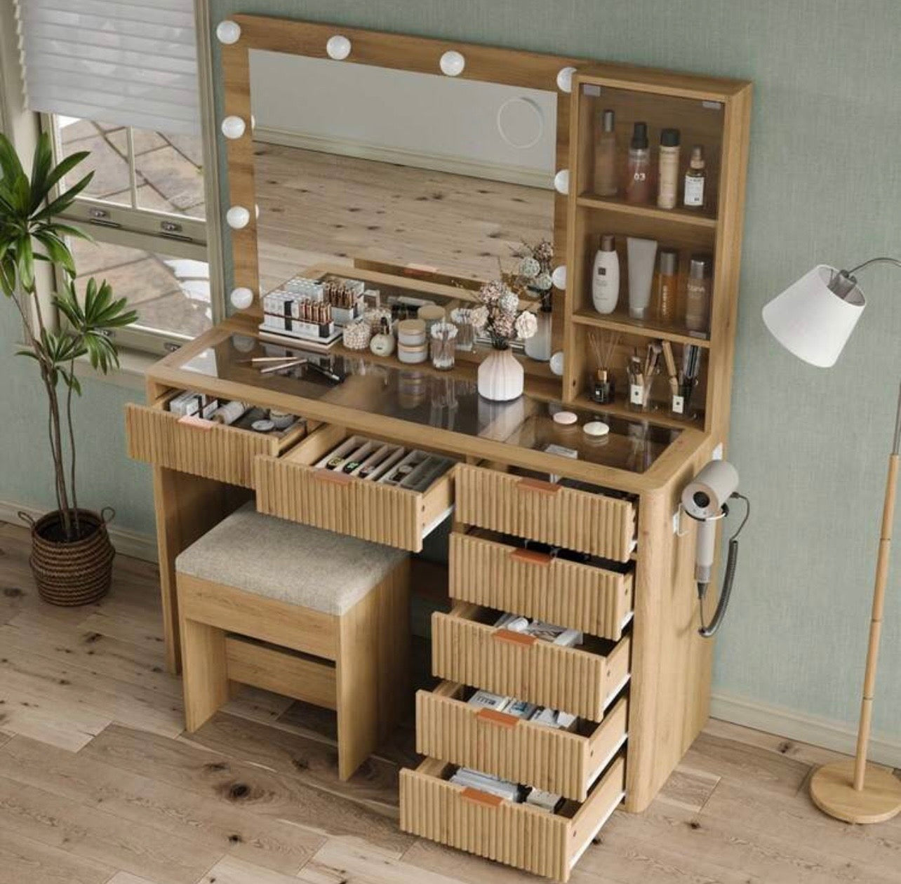 TidyLiving™ 47” Fluted Makeup Vanity with LED Mirror, 7 Drawers & Glass Top