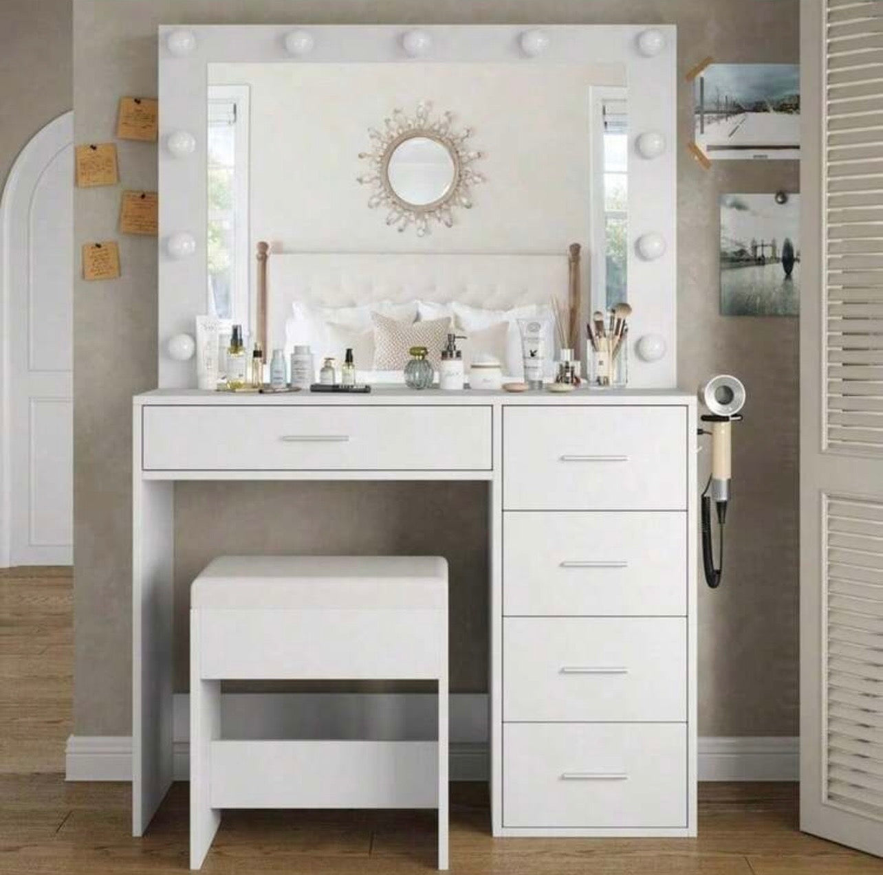 TidyLiving™ Hollywood LED Makeup Vanity with Mirror, 5 Drawers & Stool
