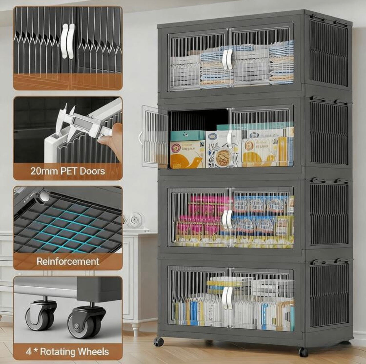 TidyLiving™ Foldable Stackable Storage Cabinet with Doors & Wheels (Multi-Tier Organizer)