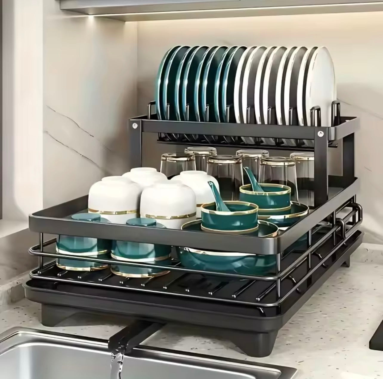 TidyLiving™ 2-Tier Dish Drying Rack – Max Capacity Organizer with Drainboard & Utensil Holder