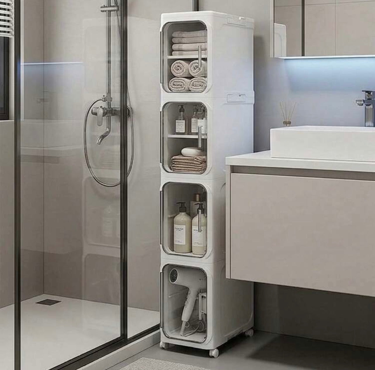 TidyLiving™ 4-Tier Slim Storage Cabinet with Clear Doors & Wheels
