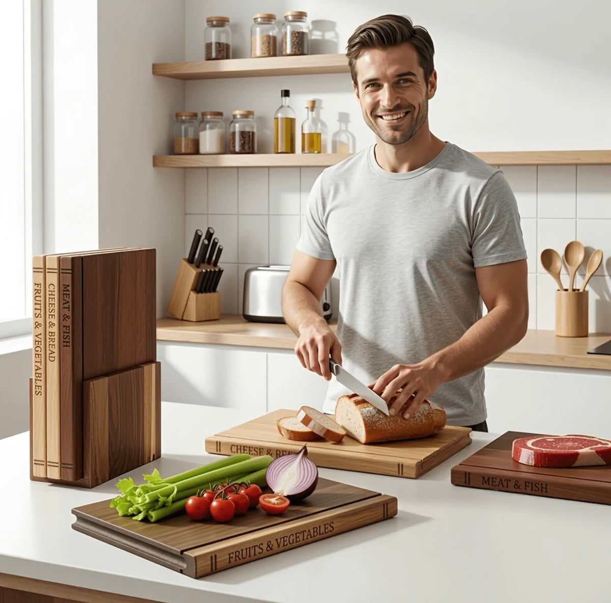 TidyLiving™ TrioPrep Cutting Board Set – 3-Piece Acacia Wood Boards with Storage Stand