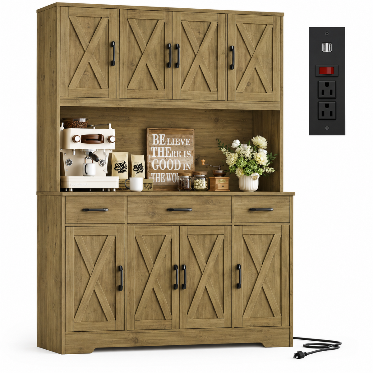 TidyLiving™ Farmhouse Kitchen Pantry & Storage Hutch with Charging Station