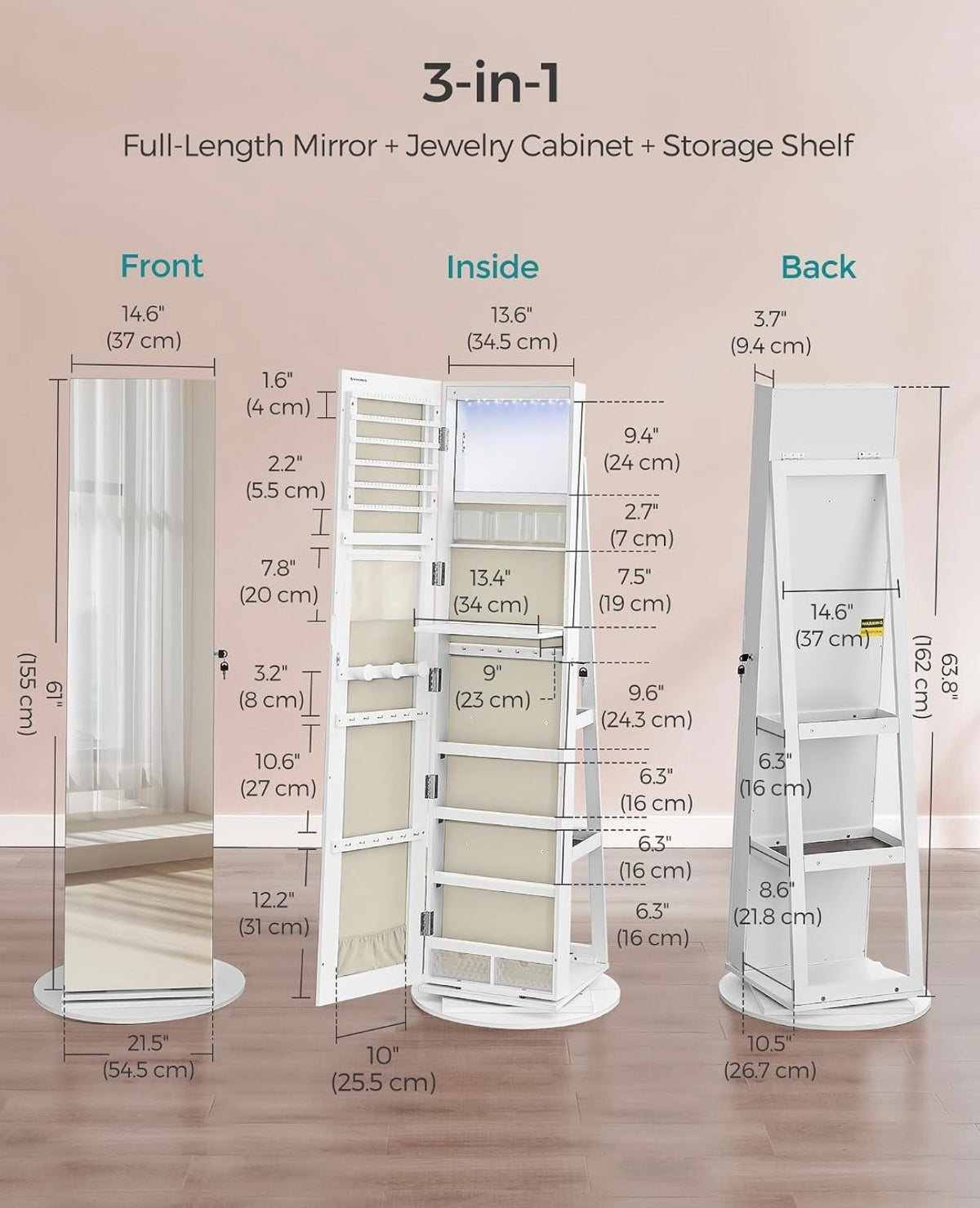 TidyLiving™ 3-in-1 Full-Length Mirror Jewelry Cabinet with 360° Swivel Storage