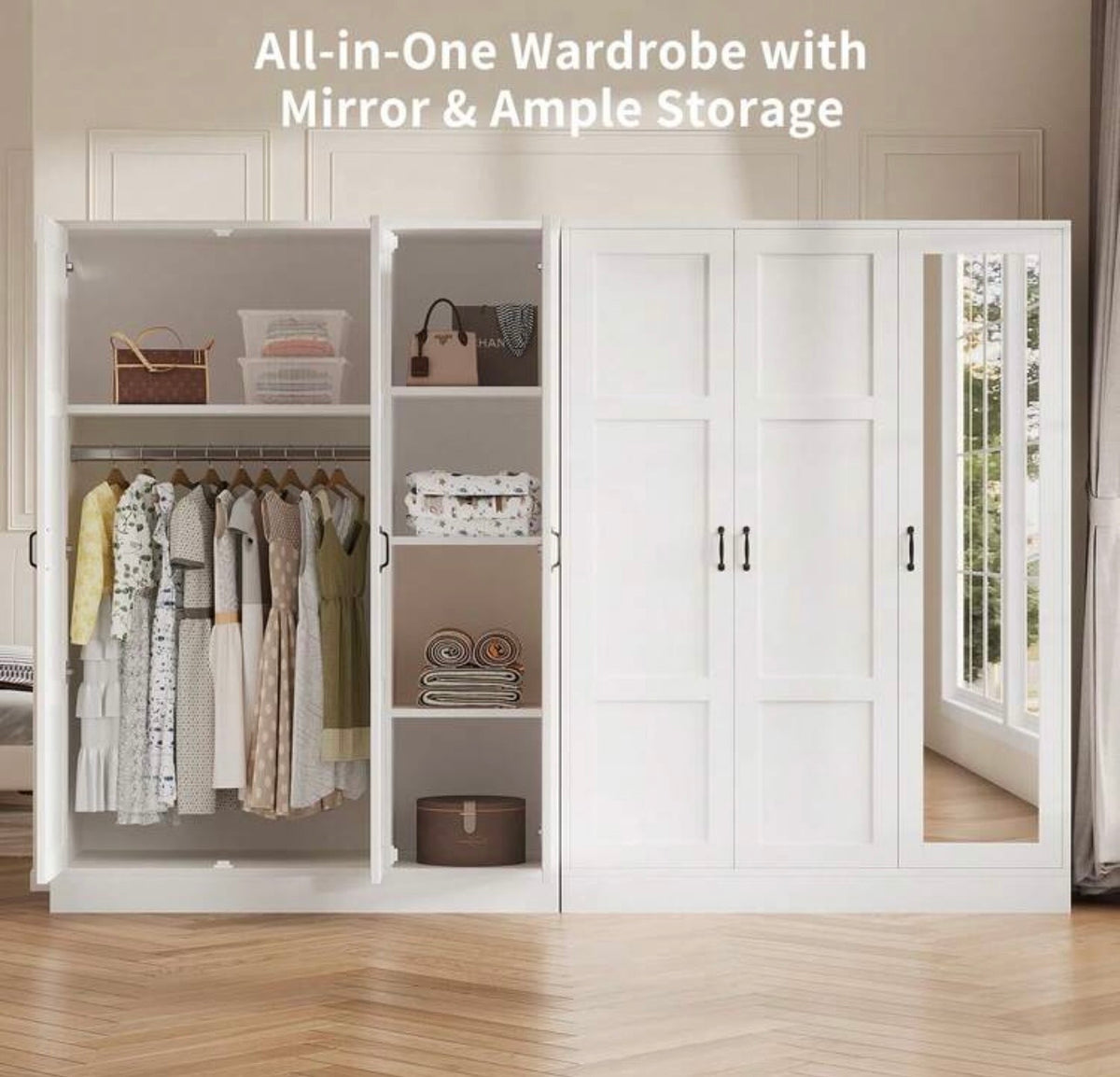 TidyLiving™ 3-Door Wardrobe with Full-Length Mirror, Hanging Rod & Adjustable Storage
