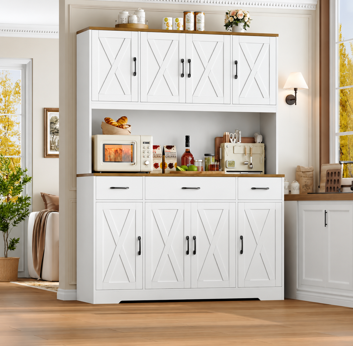 TidyLiving™ Farmhouse Kitchen Pantry & Storage Hutch with Charging Station