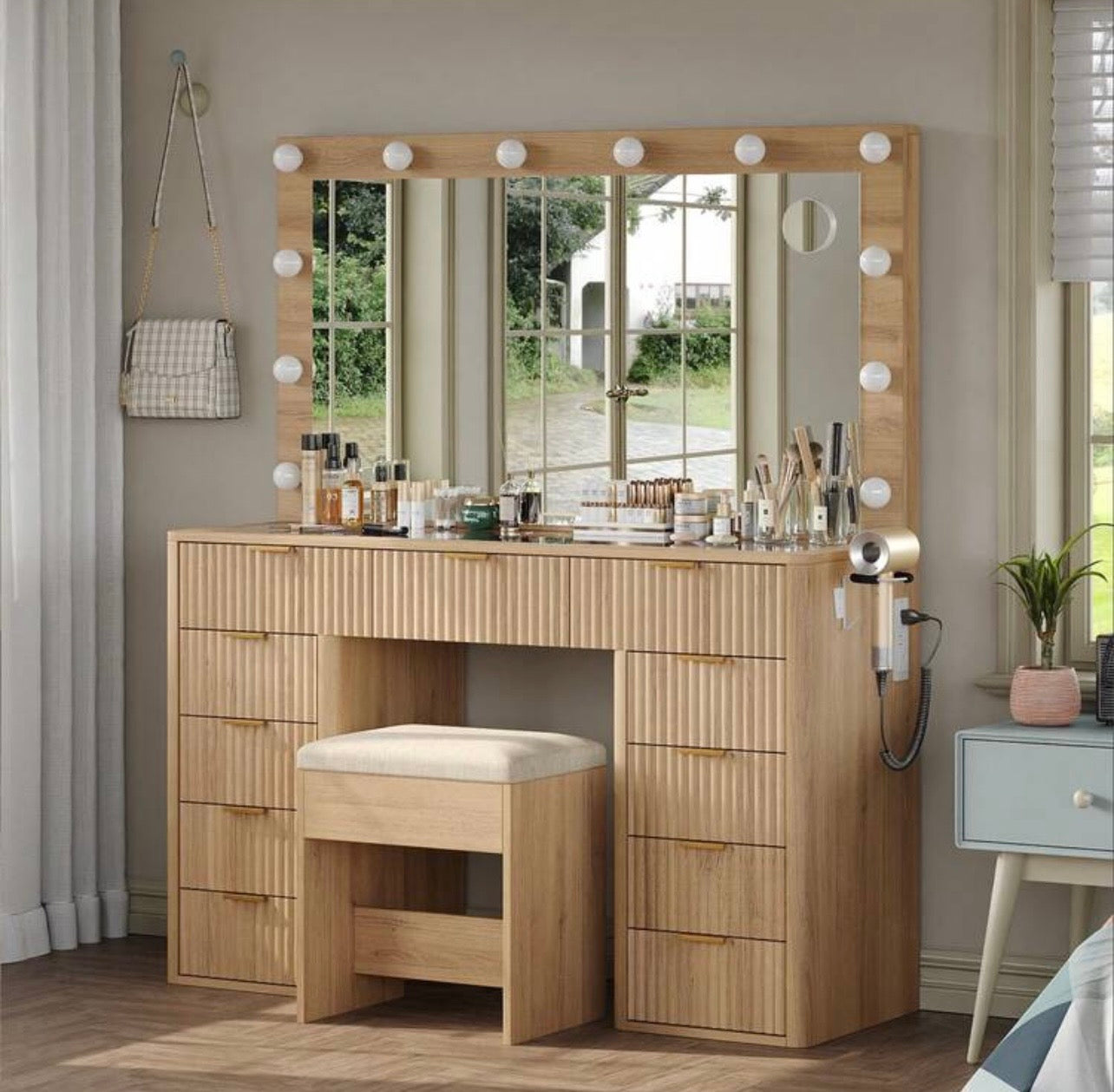 TidyLiving™ Fluted Luxury LED Makeup Vanity with Glass Top & 11 Drawers