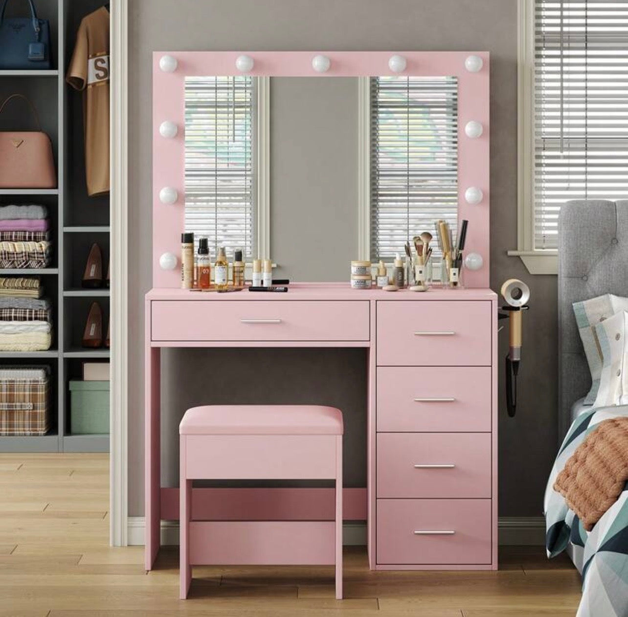 TidyLiving™ Hollywood LED Makeup Vanity with Mirror, 5 Drawers & Stool