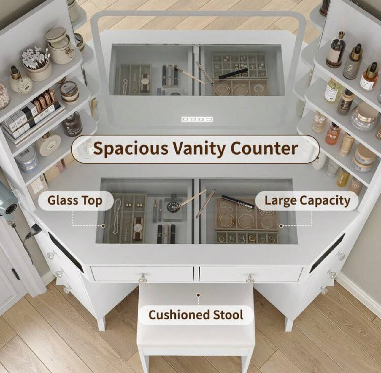 TidyLiving™ Luxe Corner Makeup Vanity with LED Mirror, 8 Drawers & Stool