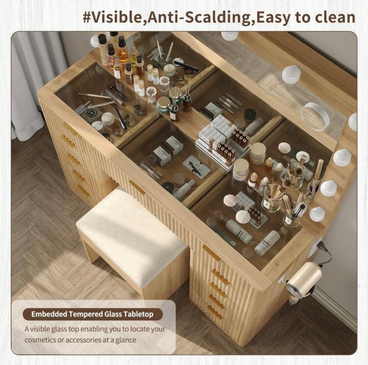 TidyLiving™ Fluted Luxury LED Makeup Vanity with Glass Top & 11 Drawers
