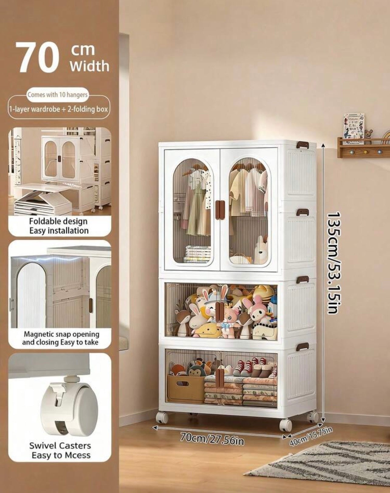 TidyLiving™ Foldable Wardrobe Storage Cabinet with Hanging Closet, Clear Doors & Wheels