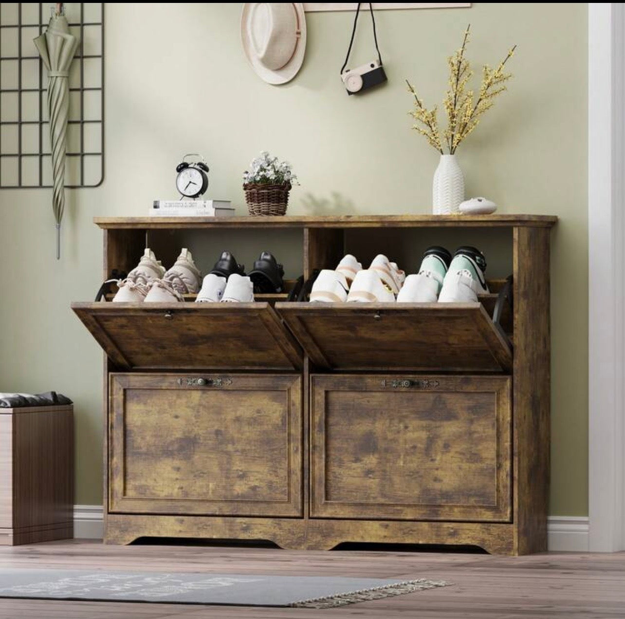 TidyLiving™ Rustic Flip-Door Shoe Storage Cabinet – Space Saving Entryway Organizer