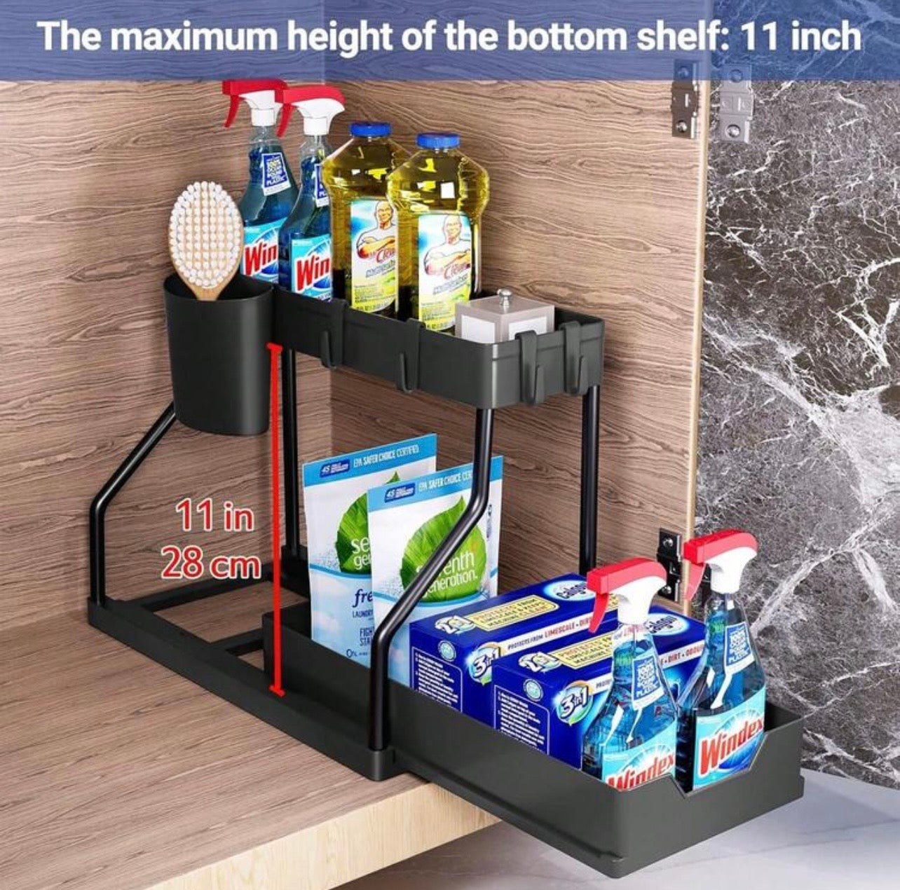 TidyLiving™ SlideOut Under Sink Organizer – 2-Tier Pull-Out Storage Rack with Hooks & Cups