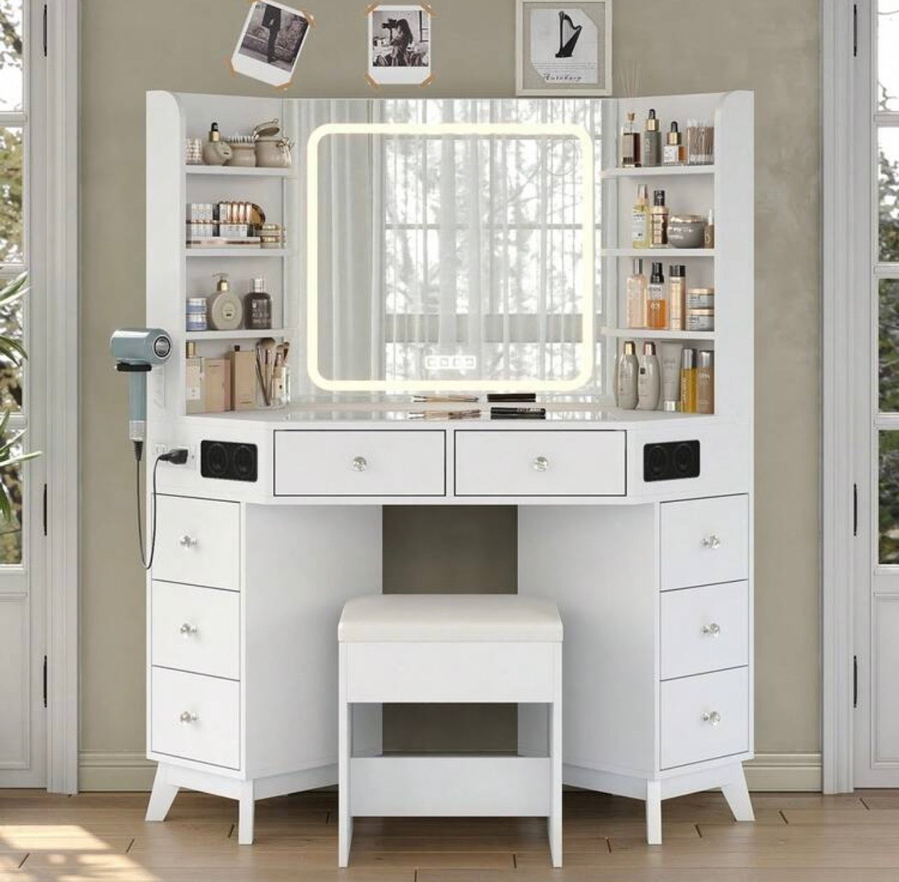 TidyLiving™ Luxe Corner Makeup Vanity with LED Mirror, 8 Drawers & Stool