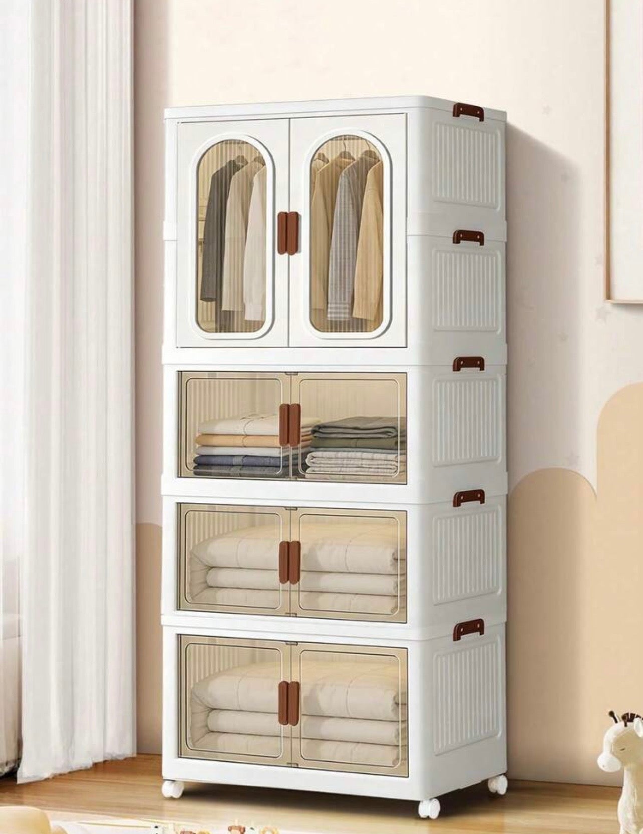 TidyLiving™ Foldable Wardrobe Storage Cabinet with Hanging Closet, Clear Doors & Wheels