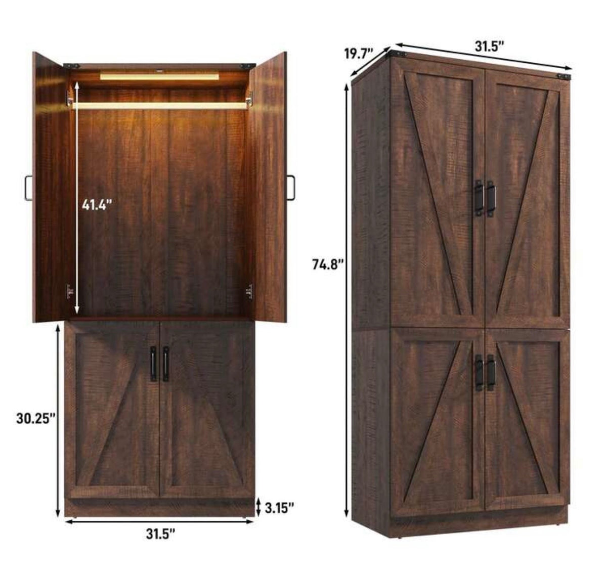 TidyLiving™ Modular Farmhouse Wardrobe with LED Lighting & Storage