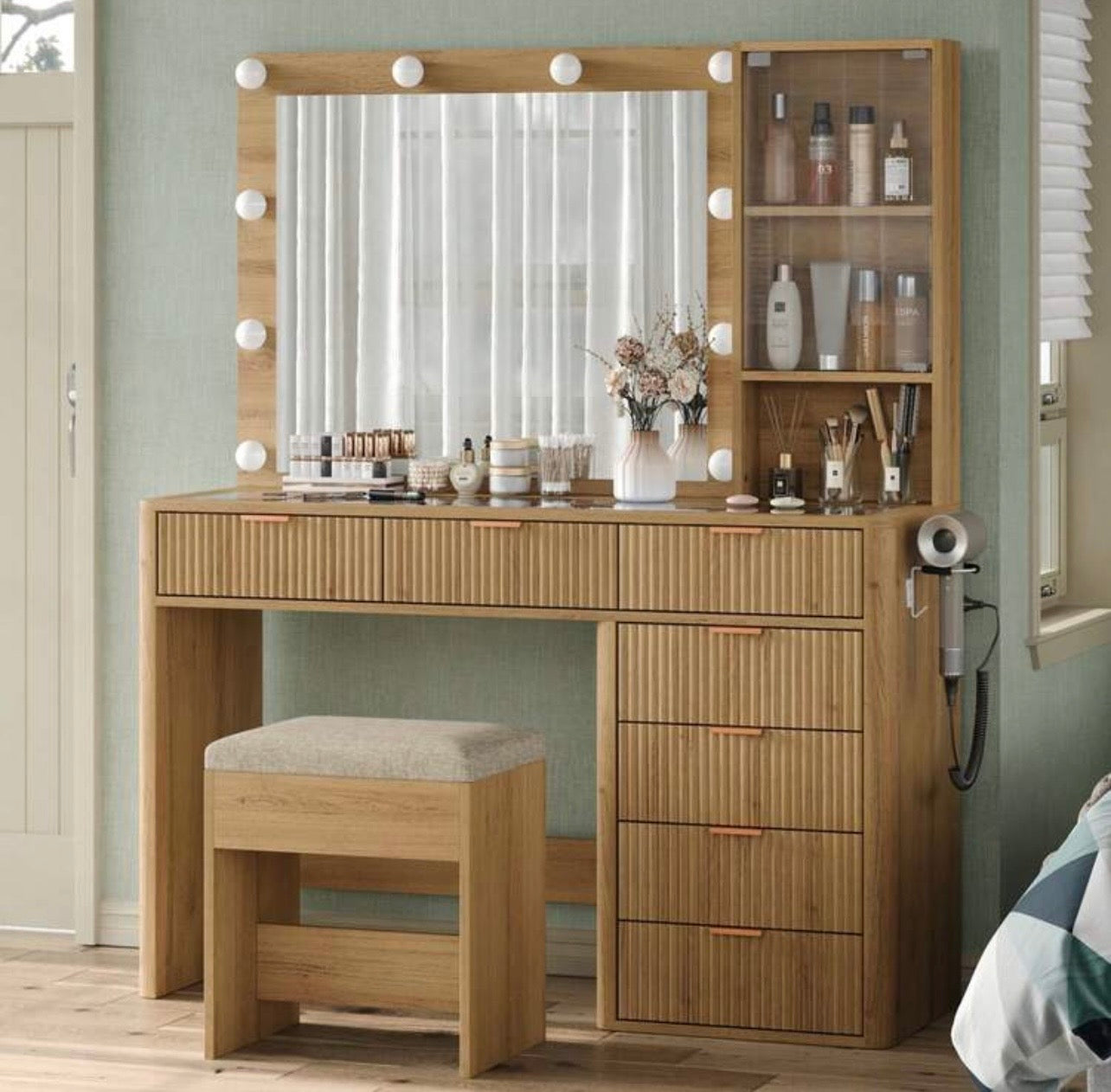 TidyLiving™ 47” Fluted Makeup Vanity with LED Mirror, 7 Drawers & Glass Top