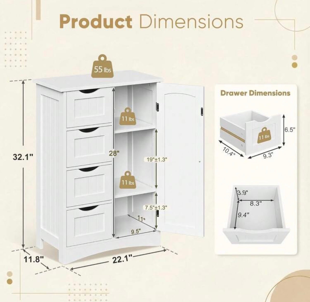TidyLiving™ Bathroom Storage Cabinet with 4 Drawers & Adjustable Shelves – Freestanding Bathroom Organizer