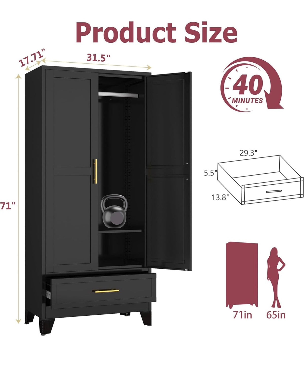 TidyLiving™ Aurelia 71” Freestanding Wardrobe with Adjustable Shelving & Hanging Rail