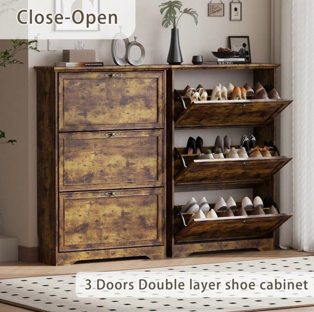 TidyLiving™ Rustic Flip-Door Shoe Storage Cabinet – Space Saving Entryway Organizer