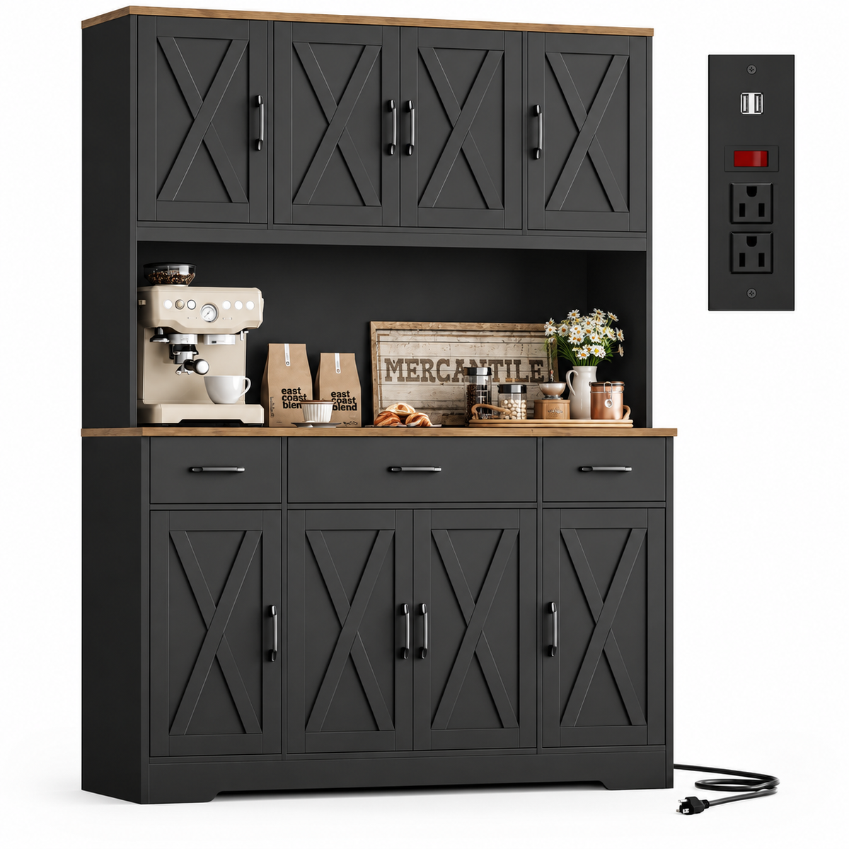 TidyLiving™ Farmhouse Kitchen Pantry & Storage Hutch with Charging Station