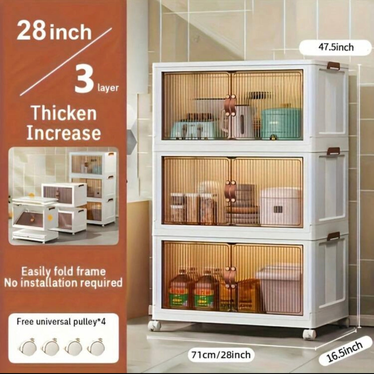 TidyLiving™ Foldable Storage Cabinet with Doors & Wheels – Stackable Organizer for Bedroom, Kitchen, Closet & Pantry