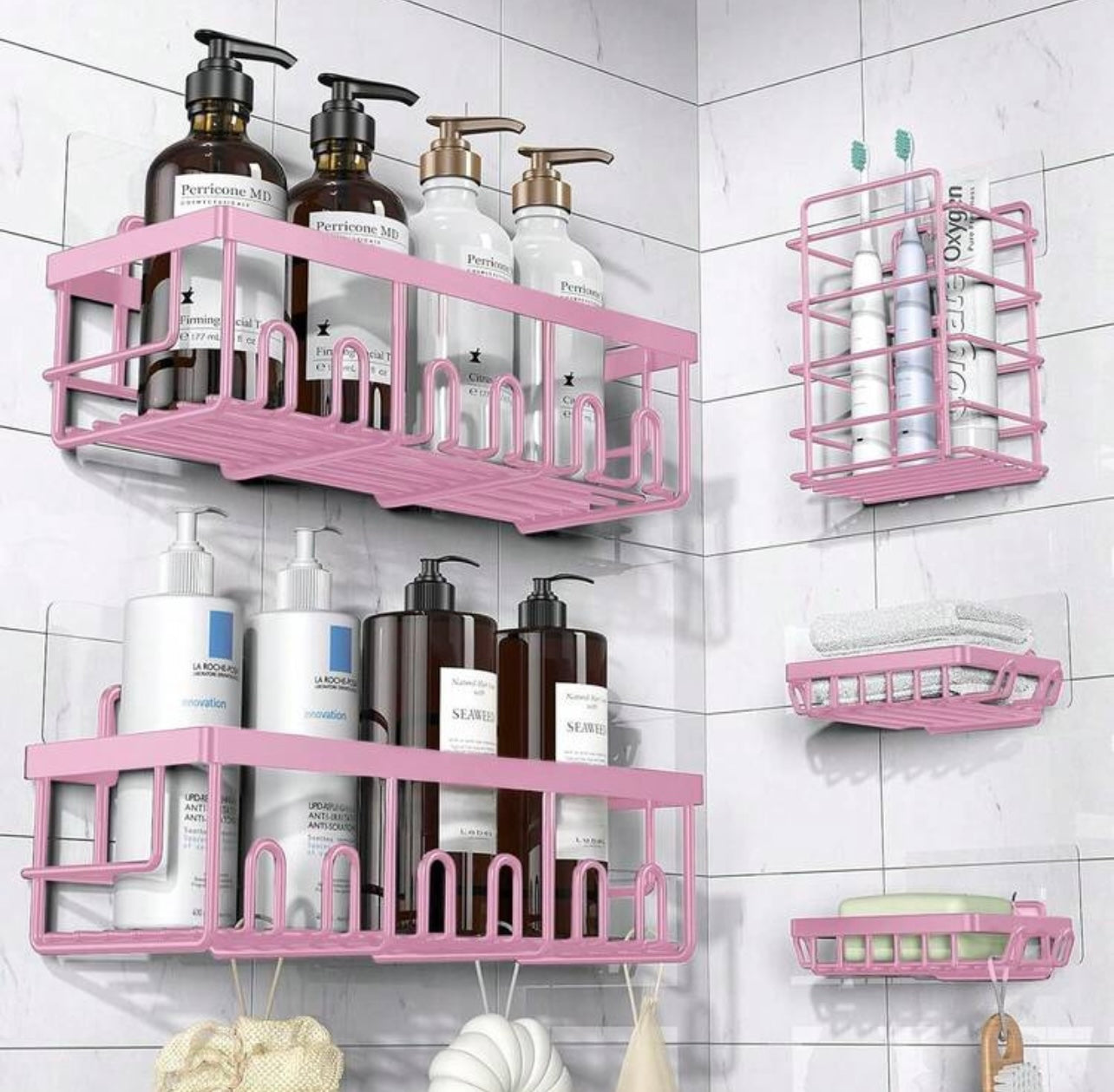 TidyLiving™ 5-Piece Adhesive Shower Caddy Set – Rustproof Bathroom Organizer with Soap Holder & Hooks, No Drilling Required