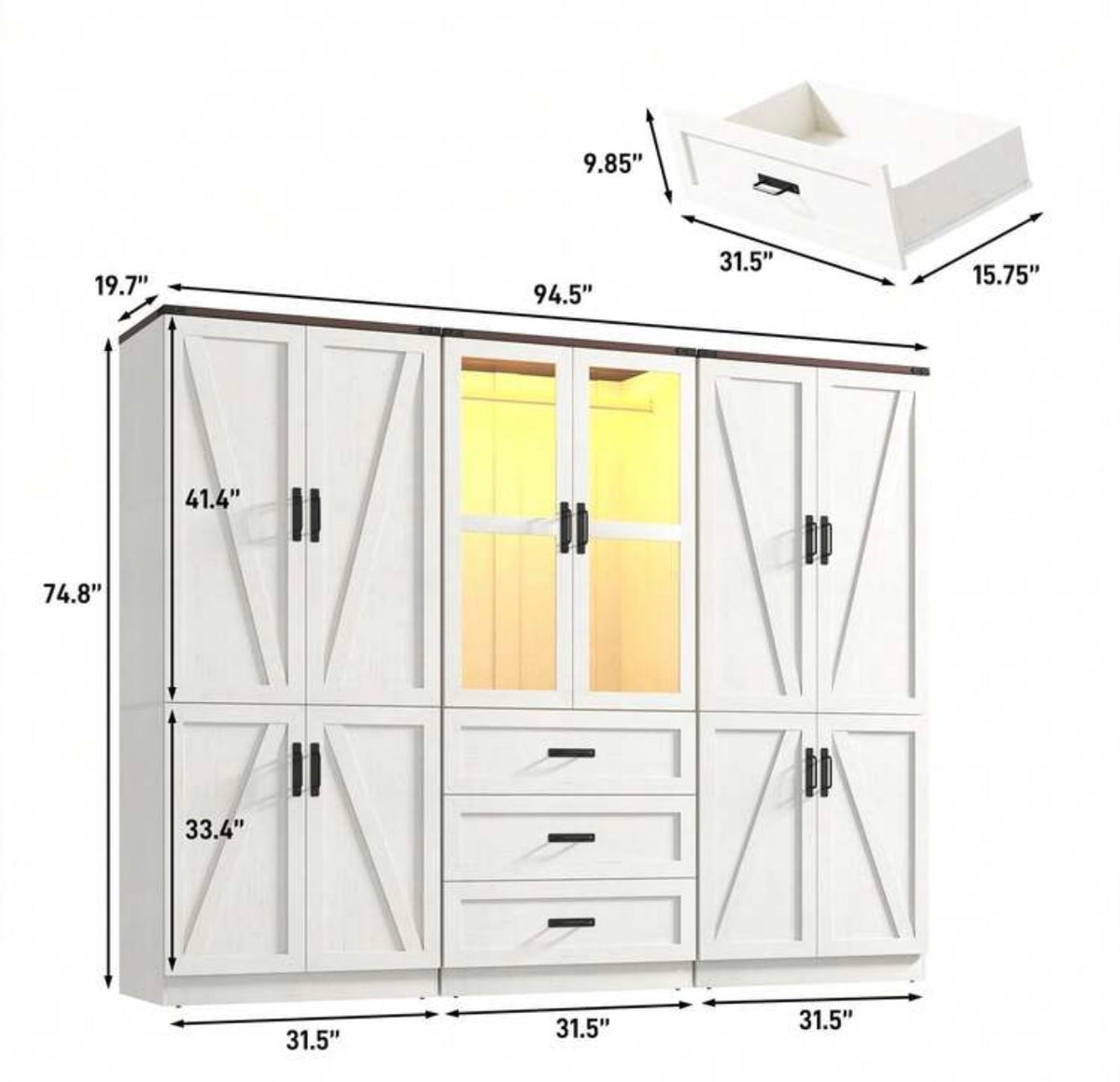 TidyLiving™ Modular Farmhouse Wardrobe with LED Lighting & Storage