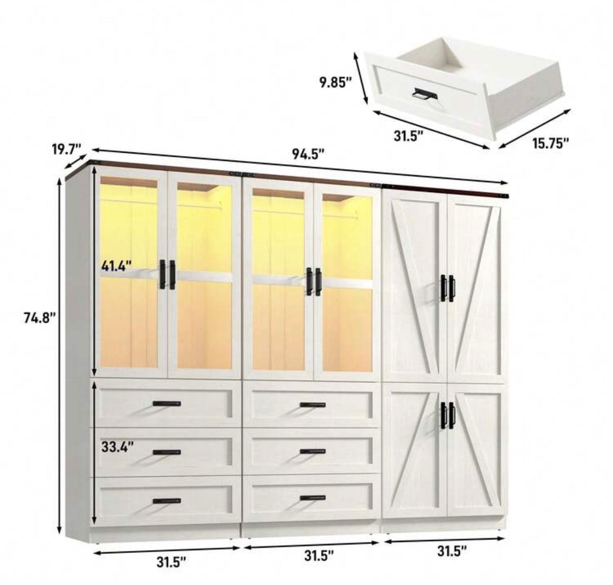 TidyLiving™ Modular Farmhouse Wardrobe with LED Lighting & Storage