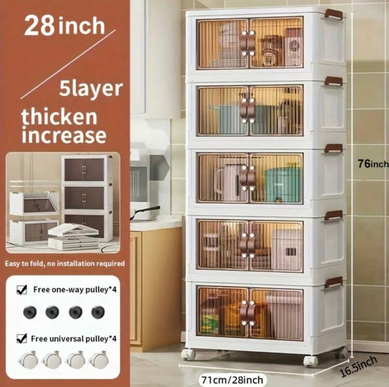 TidyLiving™ Foldable Storage Cabinet with Doors & Wheels – Stackable Organizer for Bedroom, Kitchen, Closet & Pantry