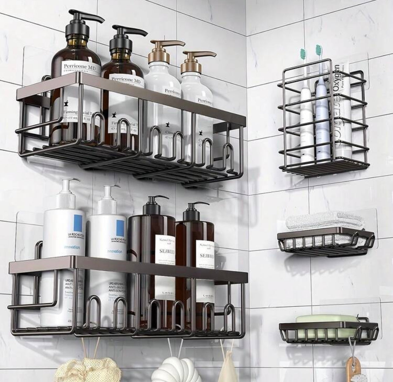 TidyLiving™ 5-Piece Adhesive Shower Caddy Set – Rustproof Bathroom Organizer with Soap Holder & Hooks, No Drilling Required