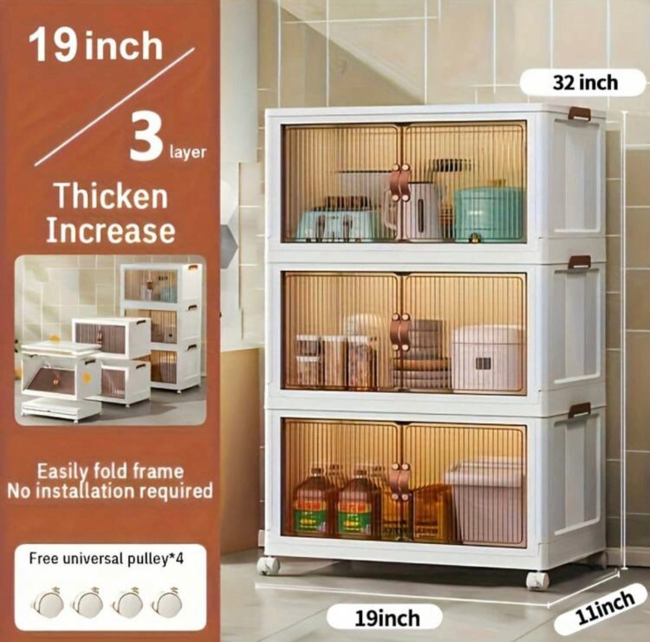 TidyLiving™ Foldable Storage Cabinet with Doors & Wheels – Stackable Organizer for Bedroom, Kitchen, Closet & Pantry