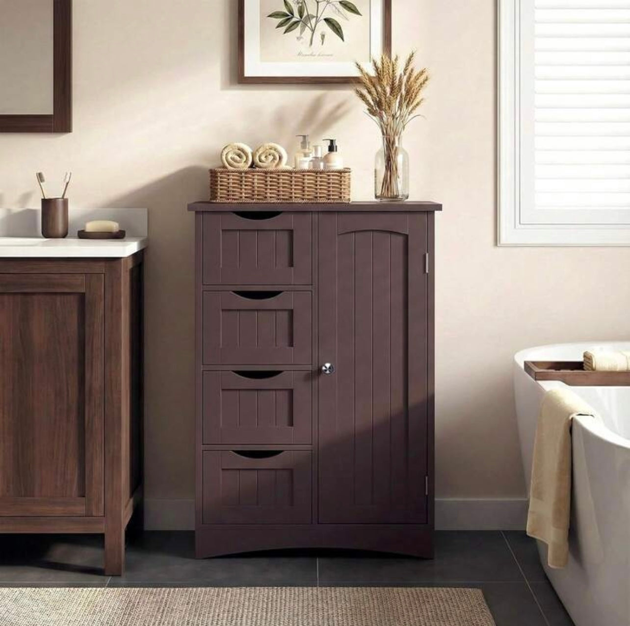 TidyLiving™ Bathroom Storage Cabinet with 4 Drawers & Adjustable Shelves – Freestanding Bathroom Organizer