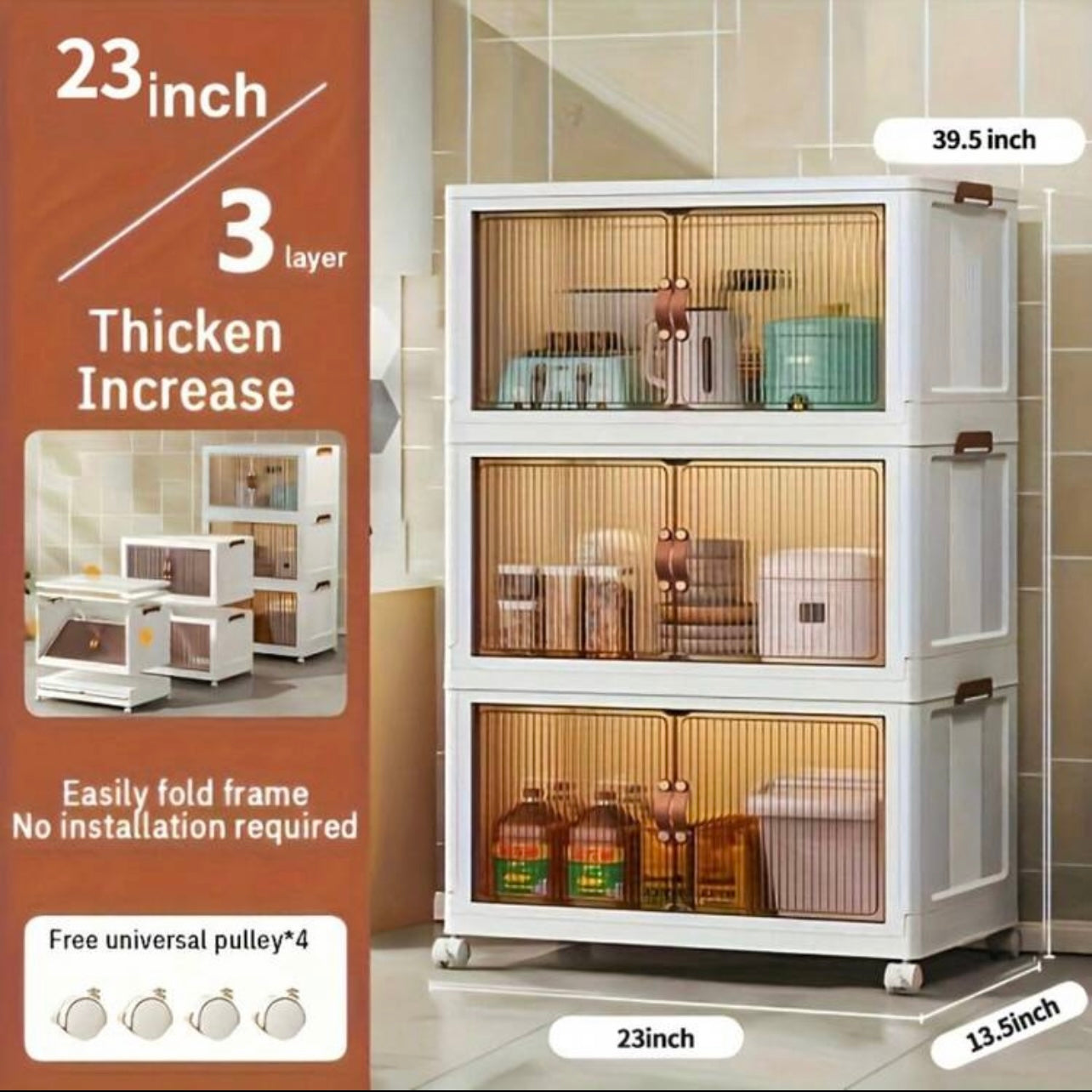 TidyLiving™ Foldable Storage Cabinet with Doors & Wheels – Stackable Organizer for Bedroom, Kitchen, Closet & Pantry